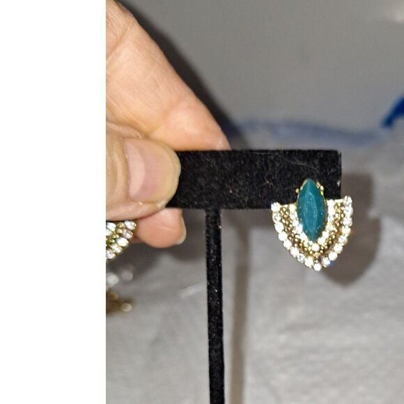 Vintage Post Back Pierced Earrings Faux Turquoise Rhinestone Native American - Picture 2 of 8